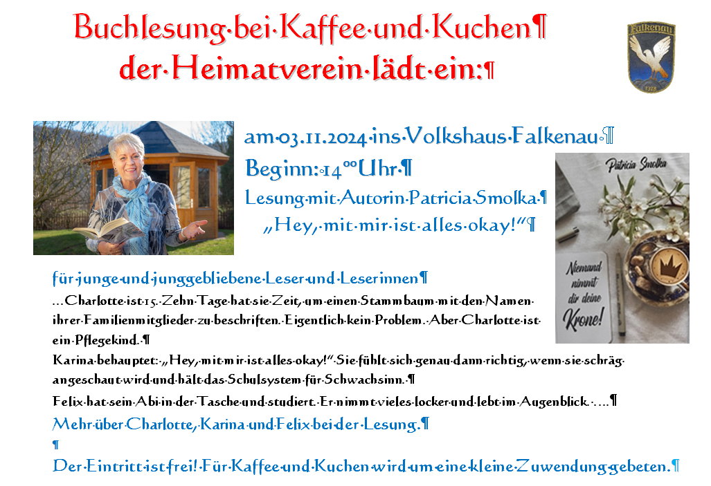 Buchlesung bei Kaffee und Kuchen am 03.11.2024 14Uhr im Volkshaus Falkenau